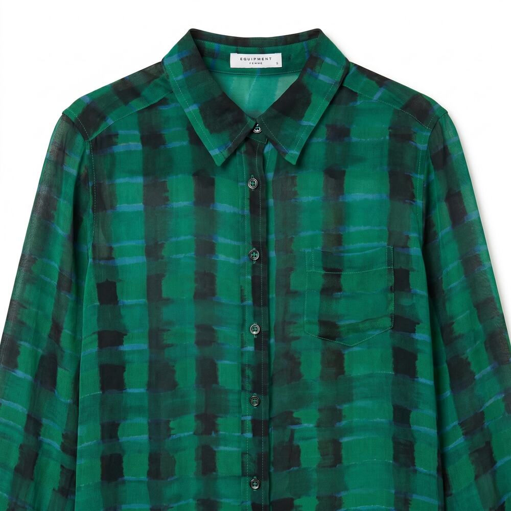 100% Silk Equipment Femme Sheer Green Blue Black Plaid Blouse | Size S - Picture 4 of 9